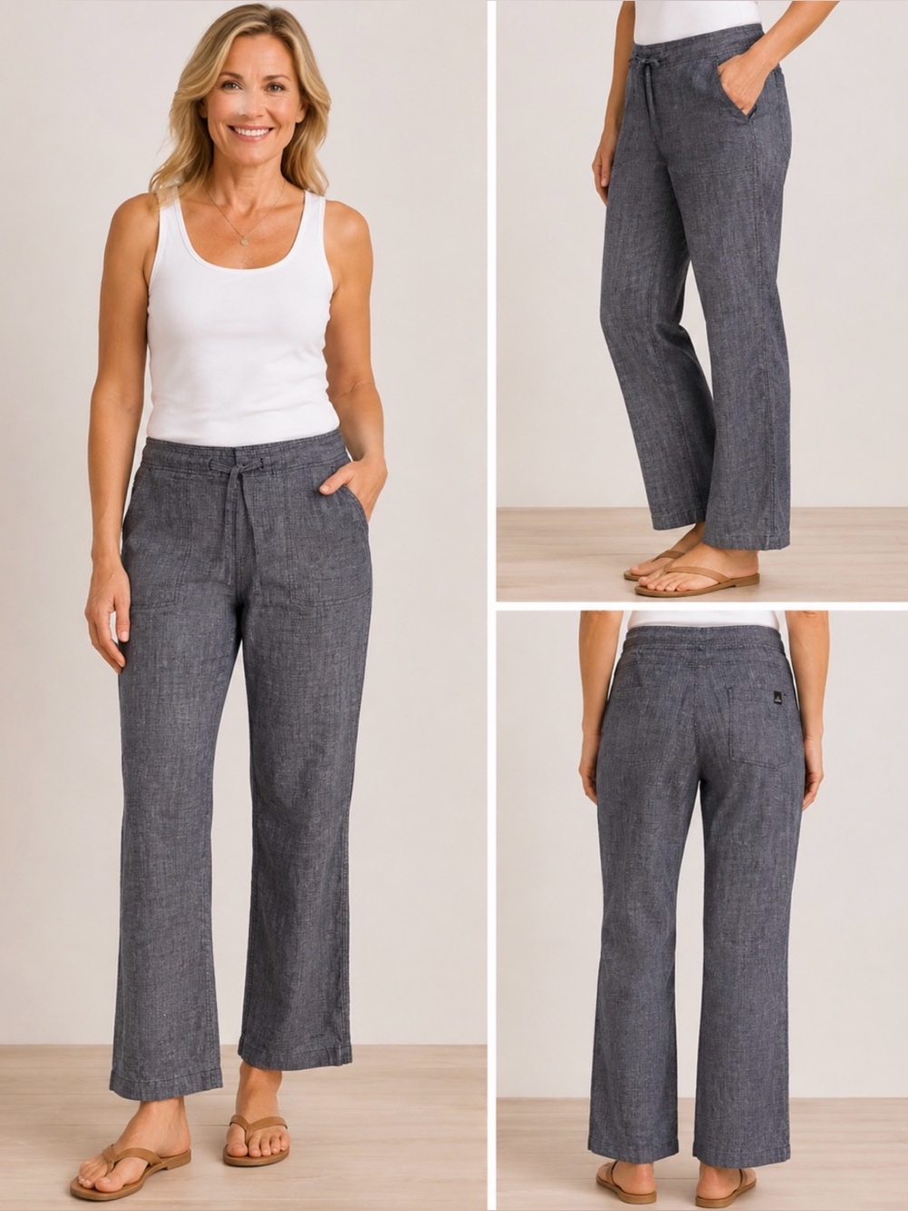 prAna Hemp Blend Drawstring Pants Women’s L Gray Wide Leg Outdoor Casual Yoga